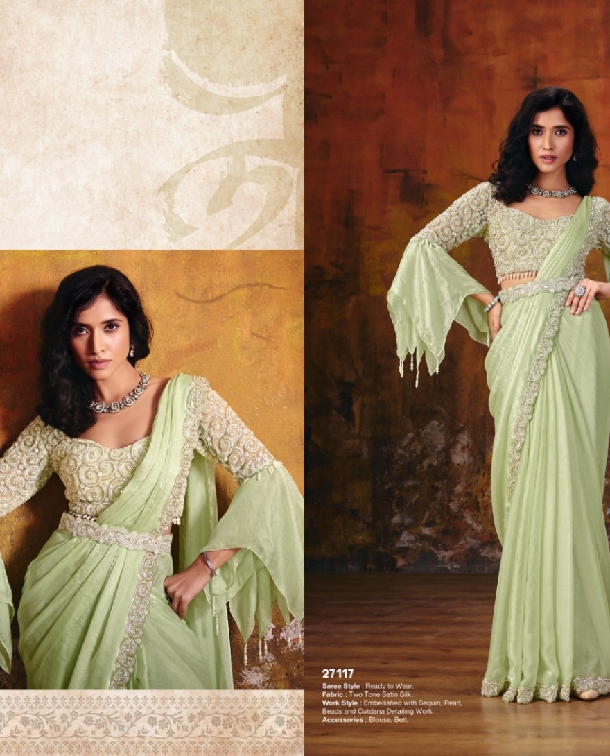 27117 - Pista Green Embroidered Wedding Party Designer Saree